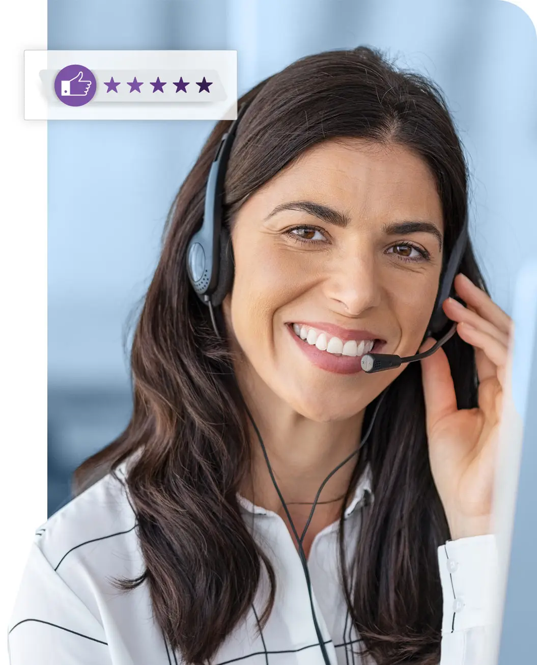 Support agent wearing a headset and an overlay of a five star rating