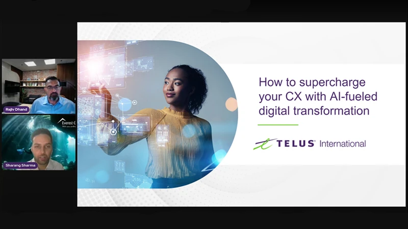 First frame of the webinar recording "How to supercharge your CX with AI-fueled digital transformation", showing tiles for the speakers - Rajiv Dhand and Sharang Sharma - and the title slide.