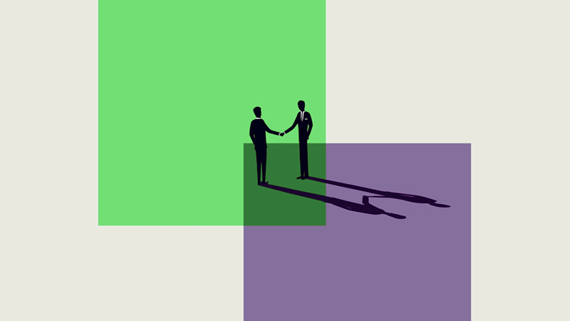 Illustration of two people shaking hands and two overlapping squares