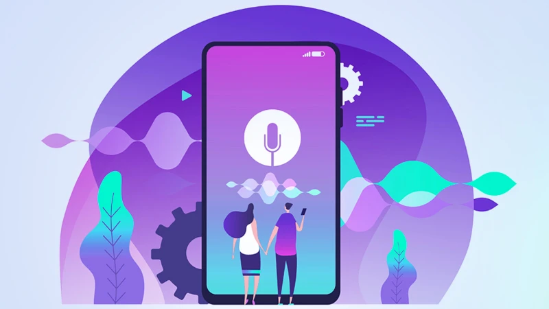 Illustration of two people standing in front of a smartphone with a speaker icon meant to symbolize voice assistance.