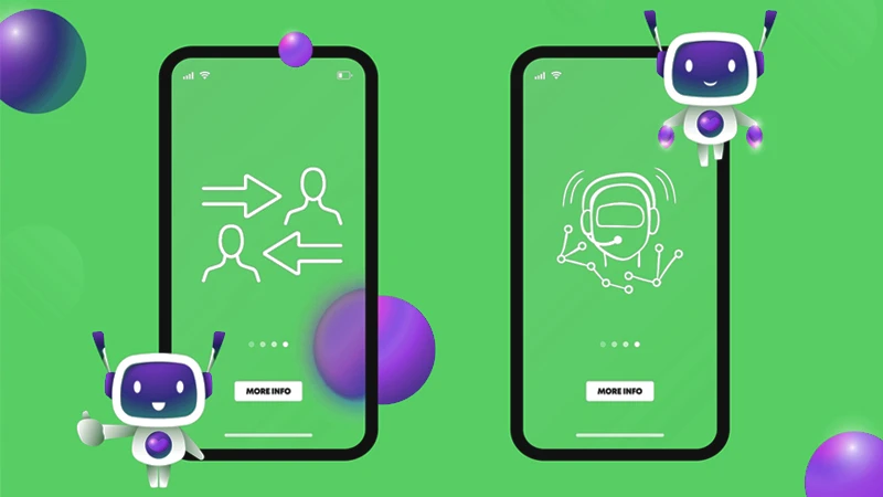 Illustration of friendly robots and smart phones displaying iconography of humans, arrows and support agents, all meant to symbolize generative AI transparency and trust.