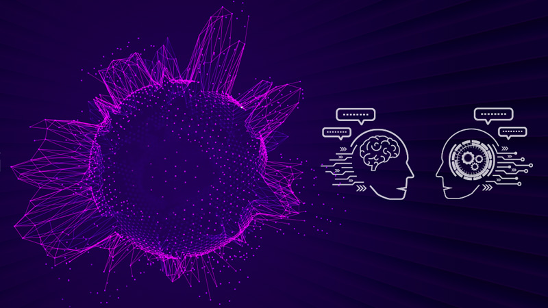 Visualization of a dataset shaped into a rough sphere accompanied by two human heads depicting a conversation between human and machine, all meant to symbolize generative artificial intelligence.