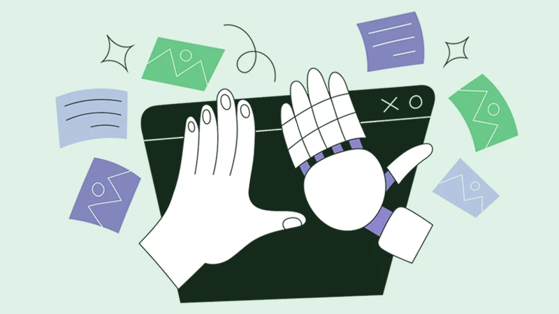 Illustration of a human hand and a robot hand giving a high five, as well as icons to convey online content and a web browser, all symbolizing content moderation and generative AI