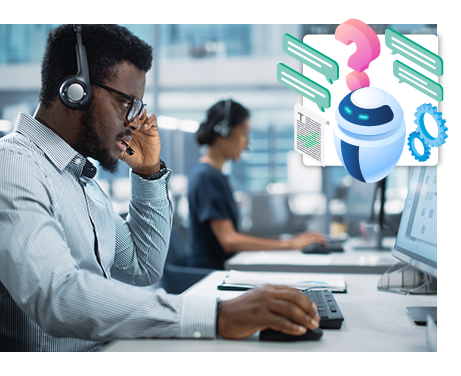 A male professional working on a computer wearing a headset.