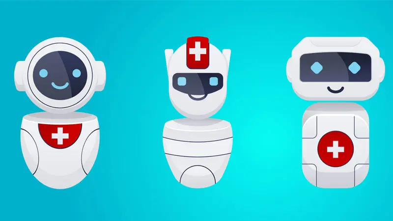 three cartoon healthcare chatbots wearing a medical symbol standing in a row