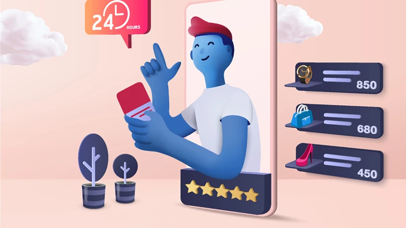 Illustration of human appearing out of a smart phone, with various symbols meant to convey ecommerce