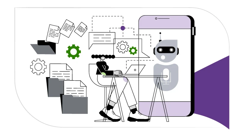 An illustration of a robot helping a person with content moderation.