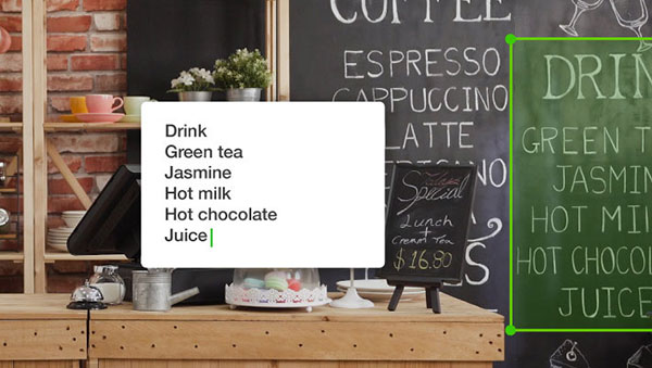 Text recognition of a coffee shop menu board