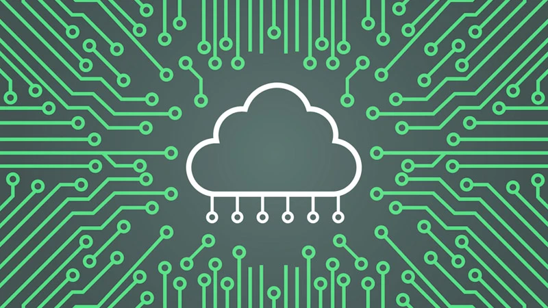 Cloud icon with supporting elements meant to convey cloud technology