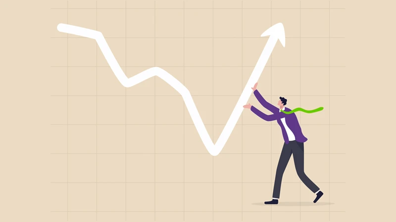 Illustration of a person repositioning a downward trend on a graph to make it positive, symbolizing strategies to overcome a downturn