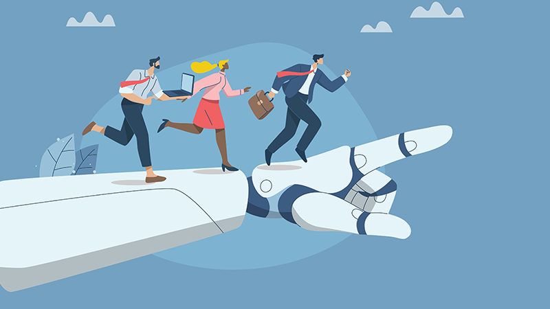 Illustration of business executives racing on a robotic arm.