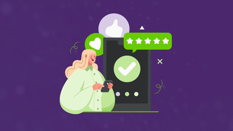 Episode cover image for Questions for now, a TELUS Digital podcast, featuring an illustrated character holding a phone and giving a verified business profile a five-star review.