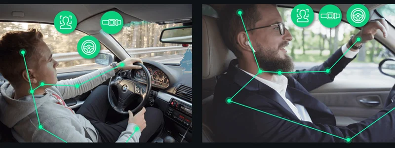 Two frames depicting people driving cars with annotations meant to convey driver monitoring systems