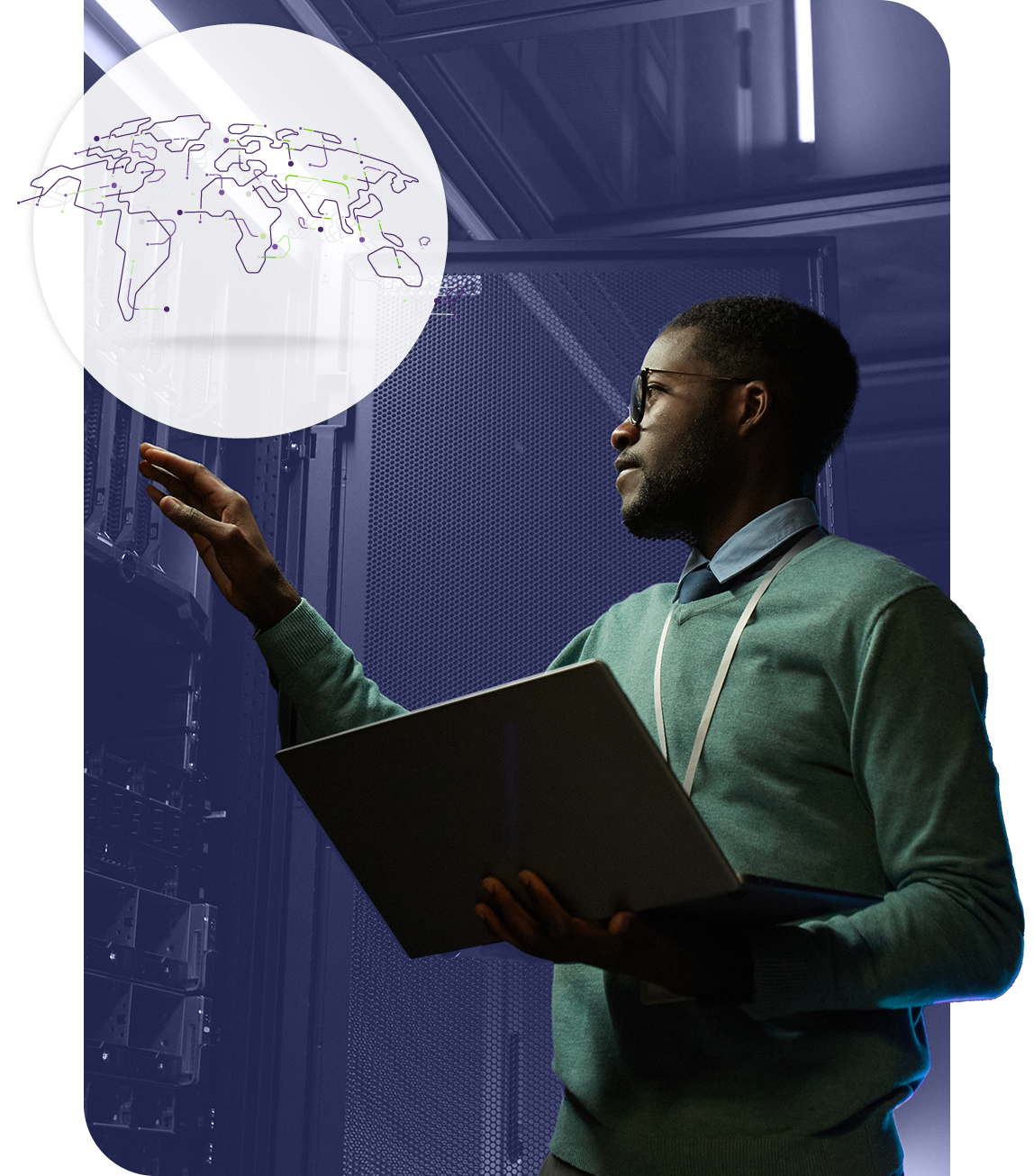 Illustration of person in a server room, with an overlay depicting a world map