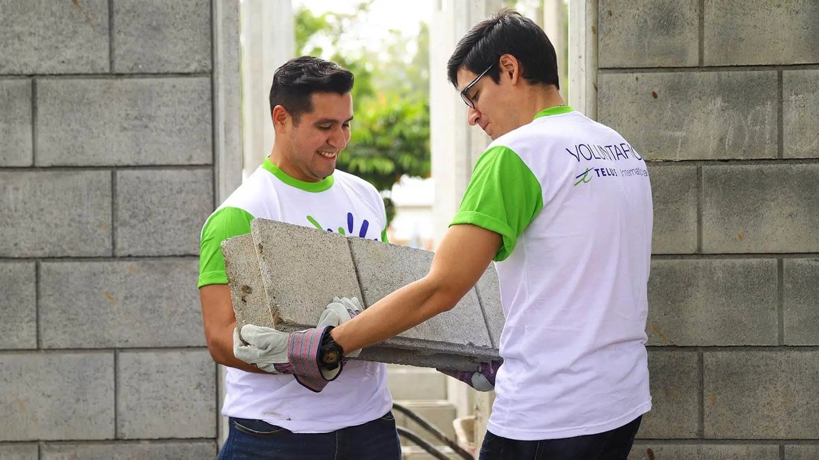 Two male volunteers carrying a concrete slab with safety gloves