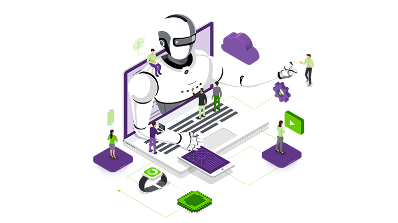 An illustration of a robot helping content moderators review user generated content.