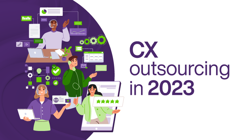 Cover image for the dynamic report "CX outsourcing in 2023" featuring the title and illustrations of customer support agents and related iconography 