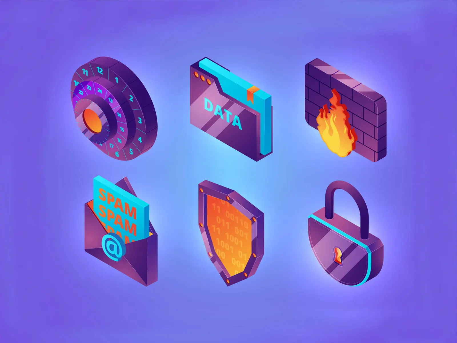 Graphic representations of different cybersecurity techniques like passwords, encryption, firewalls and more.