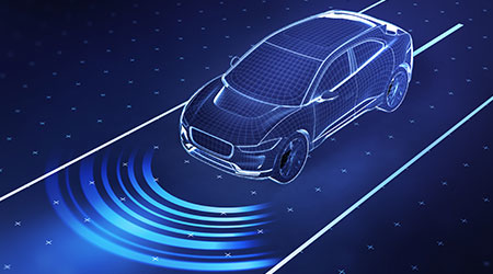 Illustration of an autonomous car using its sensors to drive on a road. 