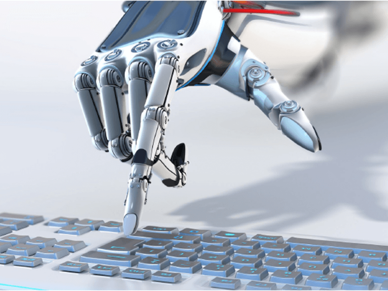 robot hand selecting a key on a keyboard 