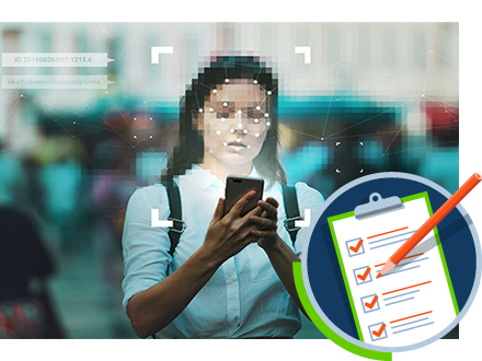 Image of person with a smartphone using face recognition software and an overlay of a checklist, all meant to symbolize know your customer
