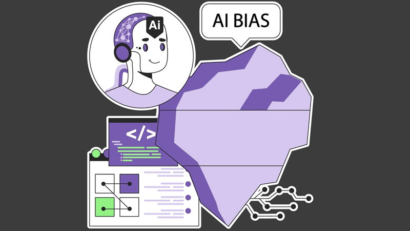 Illustration of a robot meant to represent AI, an iceberg labeled as "AI BIAS" and some depictions meant to convey data