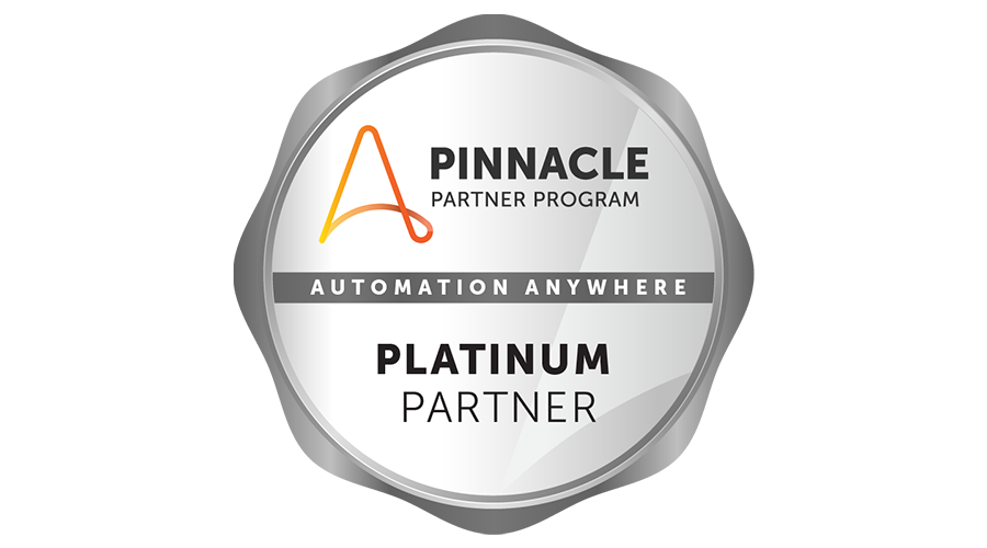 A silver badge that says "Platinum Partner" for Automation Anywhere's Pinnacle Partner Program.