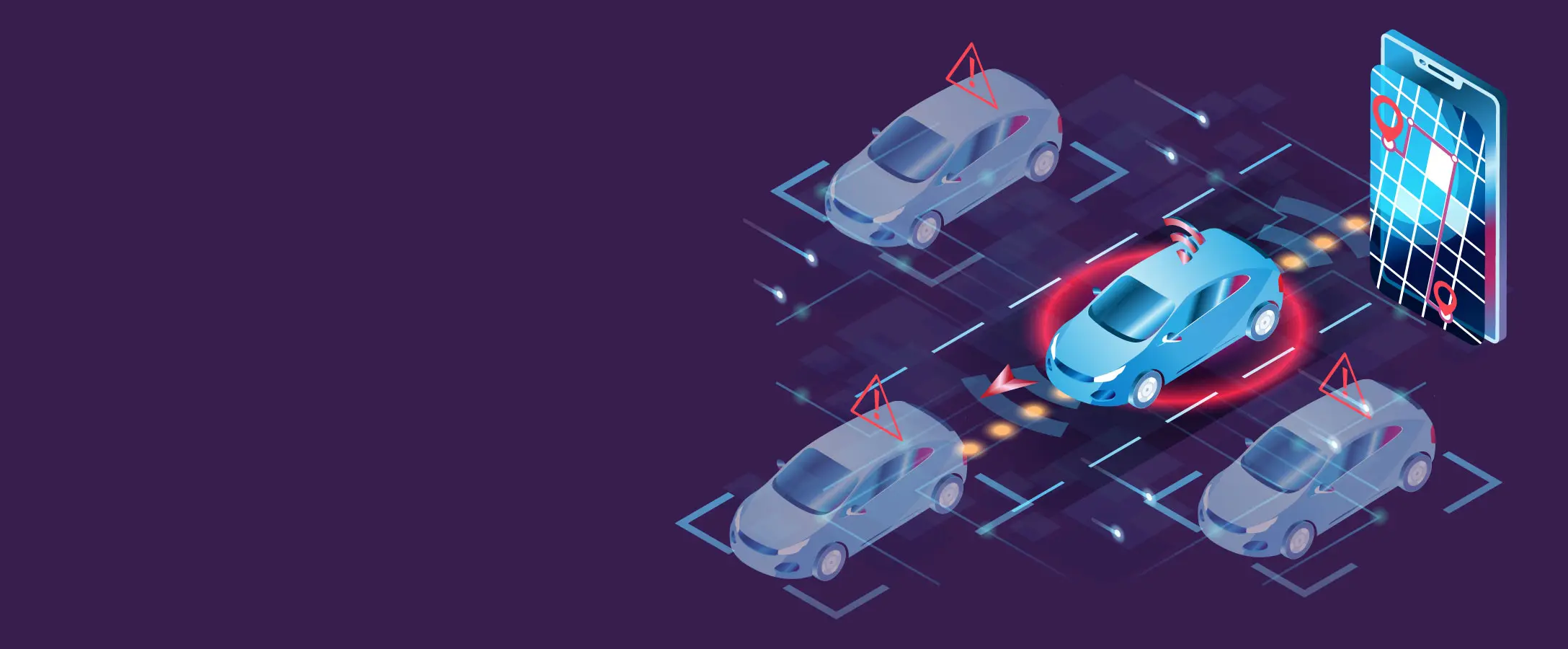 Autonomous vehicles driving on a purple background with mobile phone indicating location.  