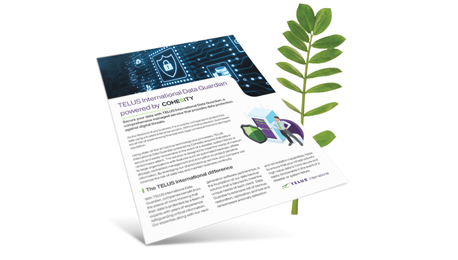 Preview image of TELUS International Data Guardian powered by Cohesity brochure, with plant