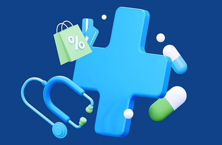 An illustration of a large cross surrounded by prescription pills and a stethoscope. 
