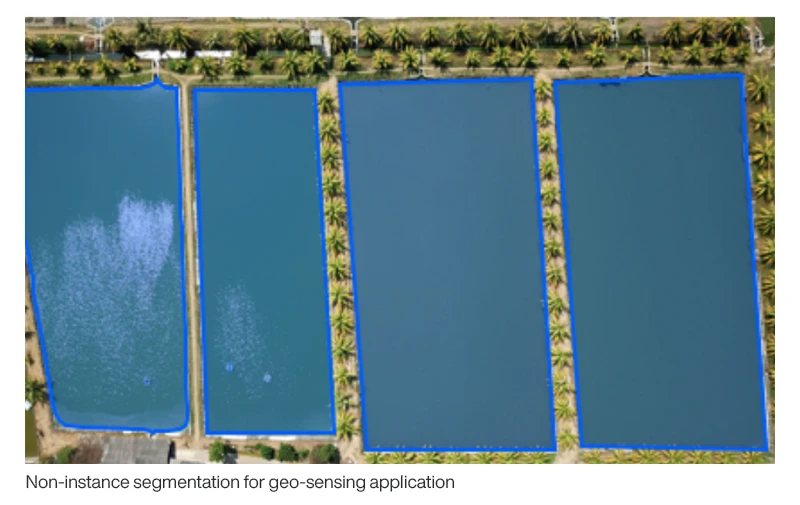 A satellite image of farmers fields. Each field is outlined and highlighted with a blue color. The caption below the image reads: "Non-instance segmentation for geo-sensing application."