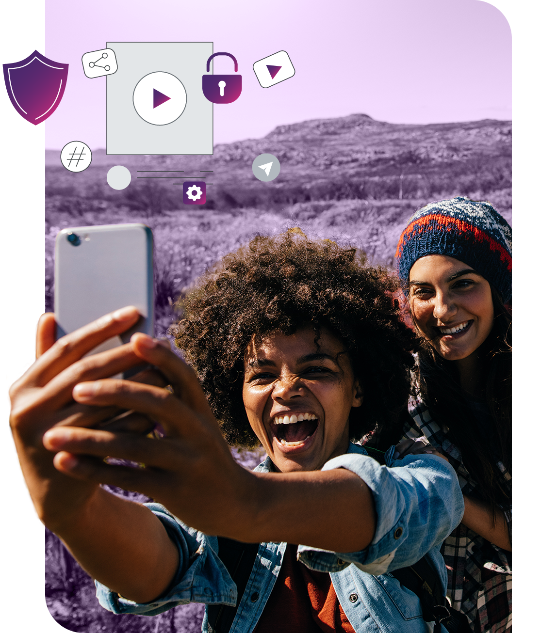 Two women taking a selfie. Icons for security, and user generated content are overlaid.