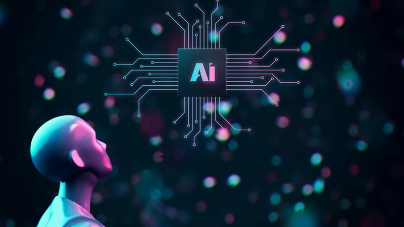 Model of a human pondering while looking at the word "AI" meant to symbolize consumer sentiment on generative AI training data