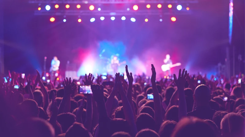 Concert crowd facing a band on stage