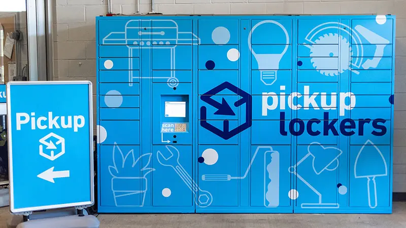 Lowe's clearly labeled pick-up lockers. 