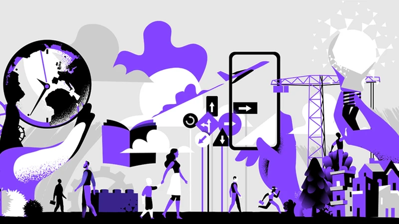 Illustration showing hands holding a globe, a smartphone and a light bulb.