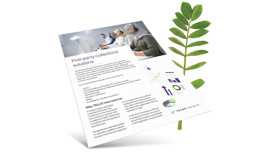 First-party collections solutions brochure in front of a fern.