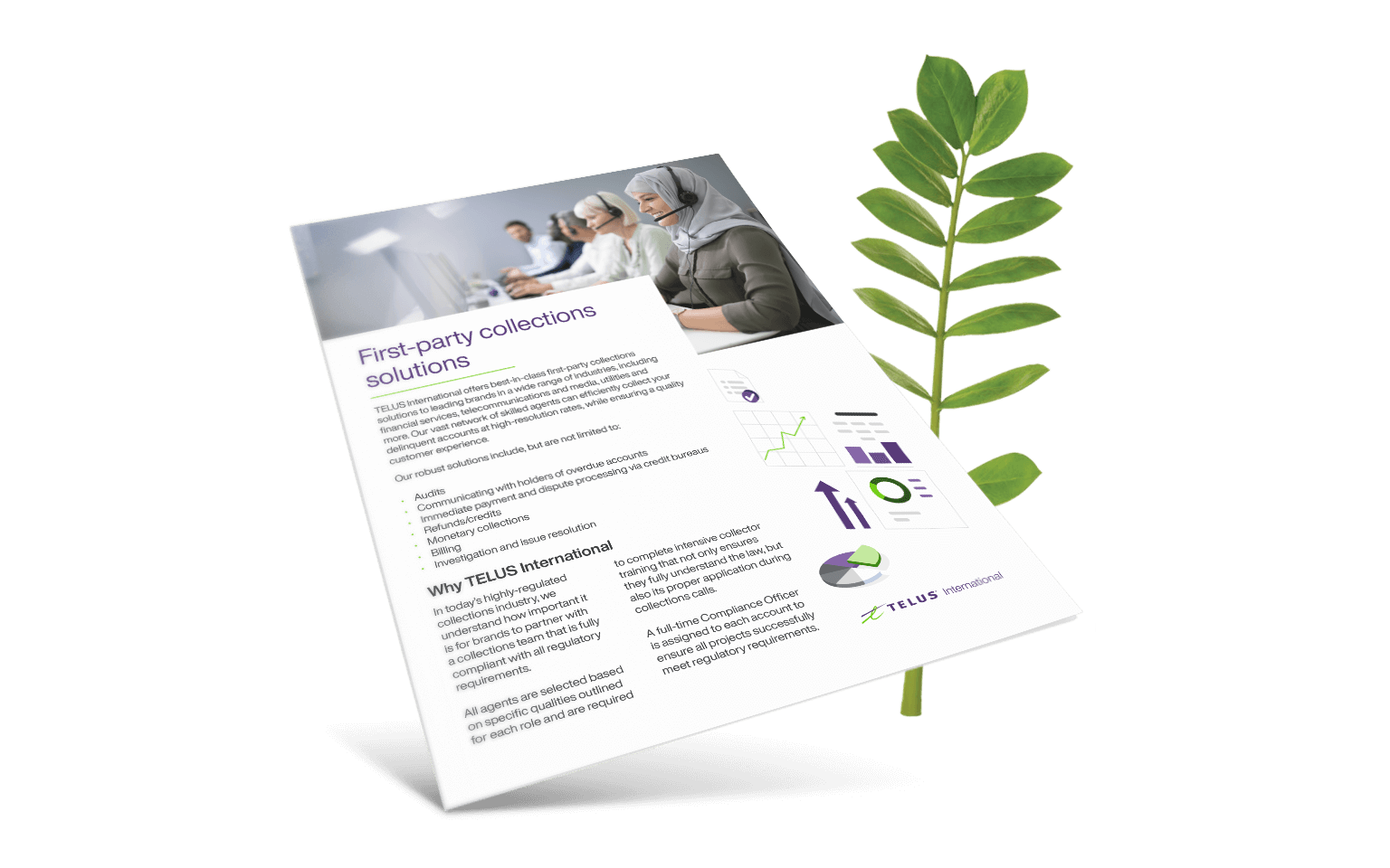 First-party collections solutions brochure in front of a fern.