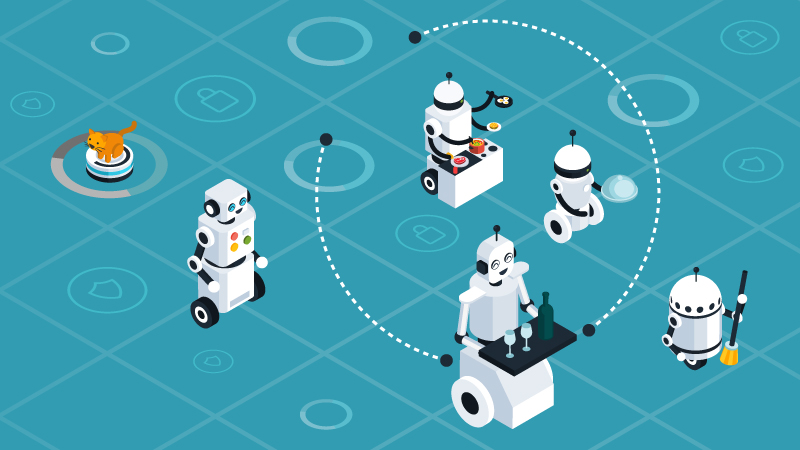 Illustration of consumer robotics including a butler, a chef and cat riding a robot vacuum.