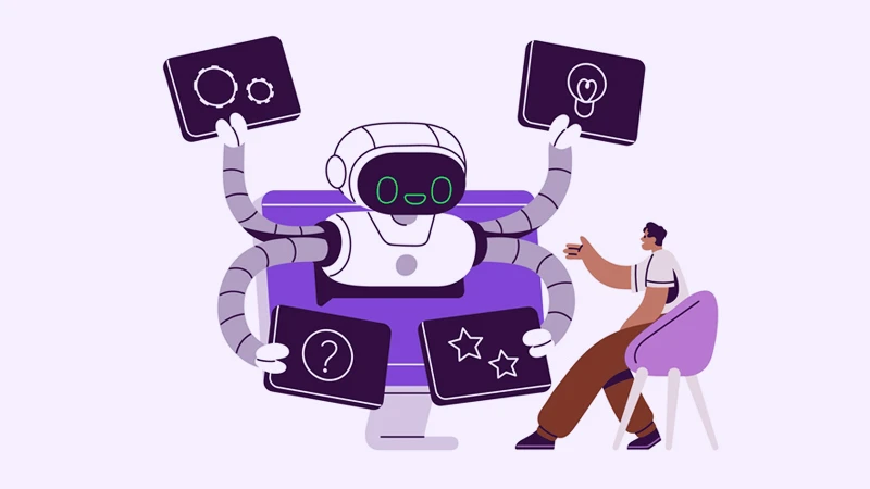 Illustration of a person interacting with a robot; the robot has four arms and is holding screens with various icons, including settings cogs, stars, a question mark and a lightbulb — all meant to symbolize contact center automation