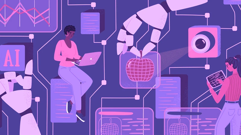 Illustration of two people interacting with technology meant to symbolize responsible artificial intelligence