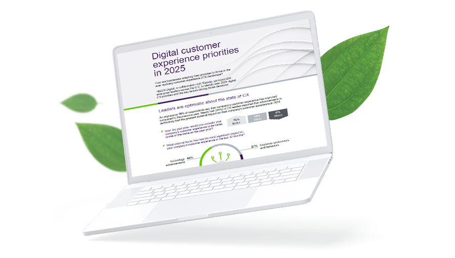 Preview image of the "Digital customer experience priorities in 2025" report displayed on a laptop and with plants in the background.