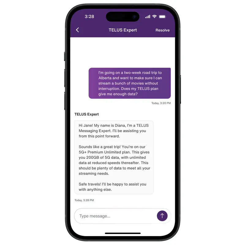 This image shows a mobile phone screen displaying a chat interface between a customer and a TELUS Expert. The interface has a purple header with the title "TELUS Expert" on the left and a "Resolve" button on the right. At the bottom of the screen, there is a text input field with the prompt "Type message..." and a send button represented by a purple arrow icon on the right. The time at the top left of the screen shows "3:28."