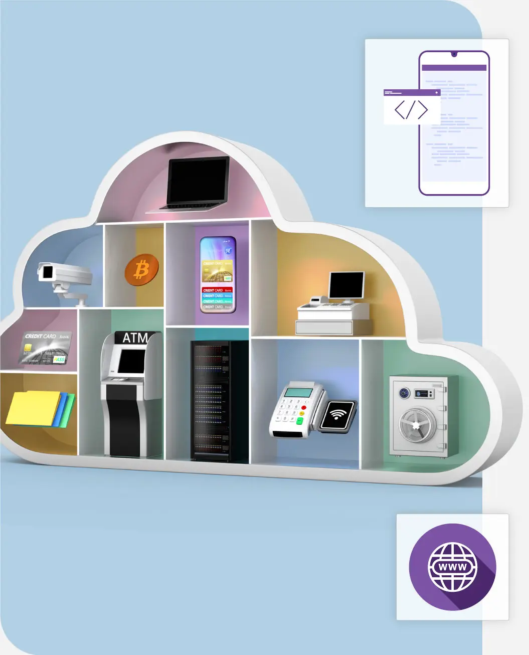Illustration of a cloud storing many items related to the financial services and fintech industry