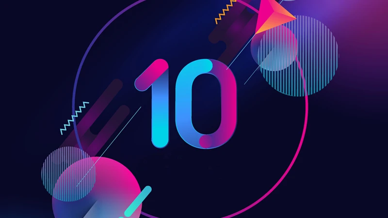 The number "10" surrounded by abstract visual elements