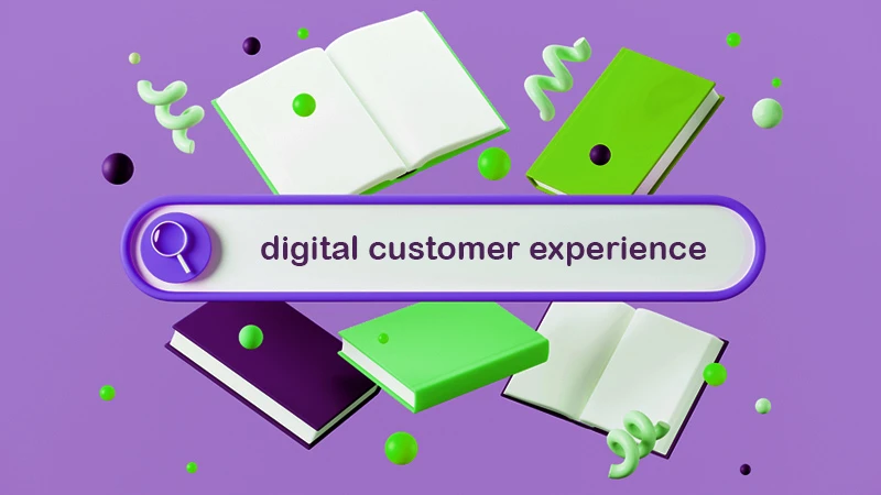 Search bar with "digital customer experience" entered and books floating in the background