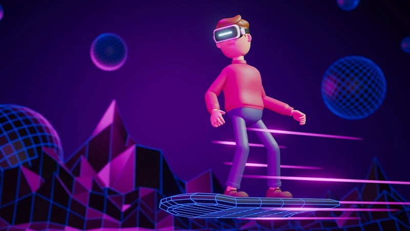 Animated person zooming through a conception of the metaverse on a sort of hoverboard 