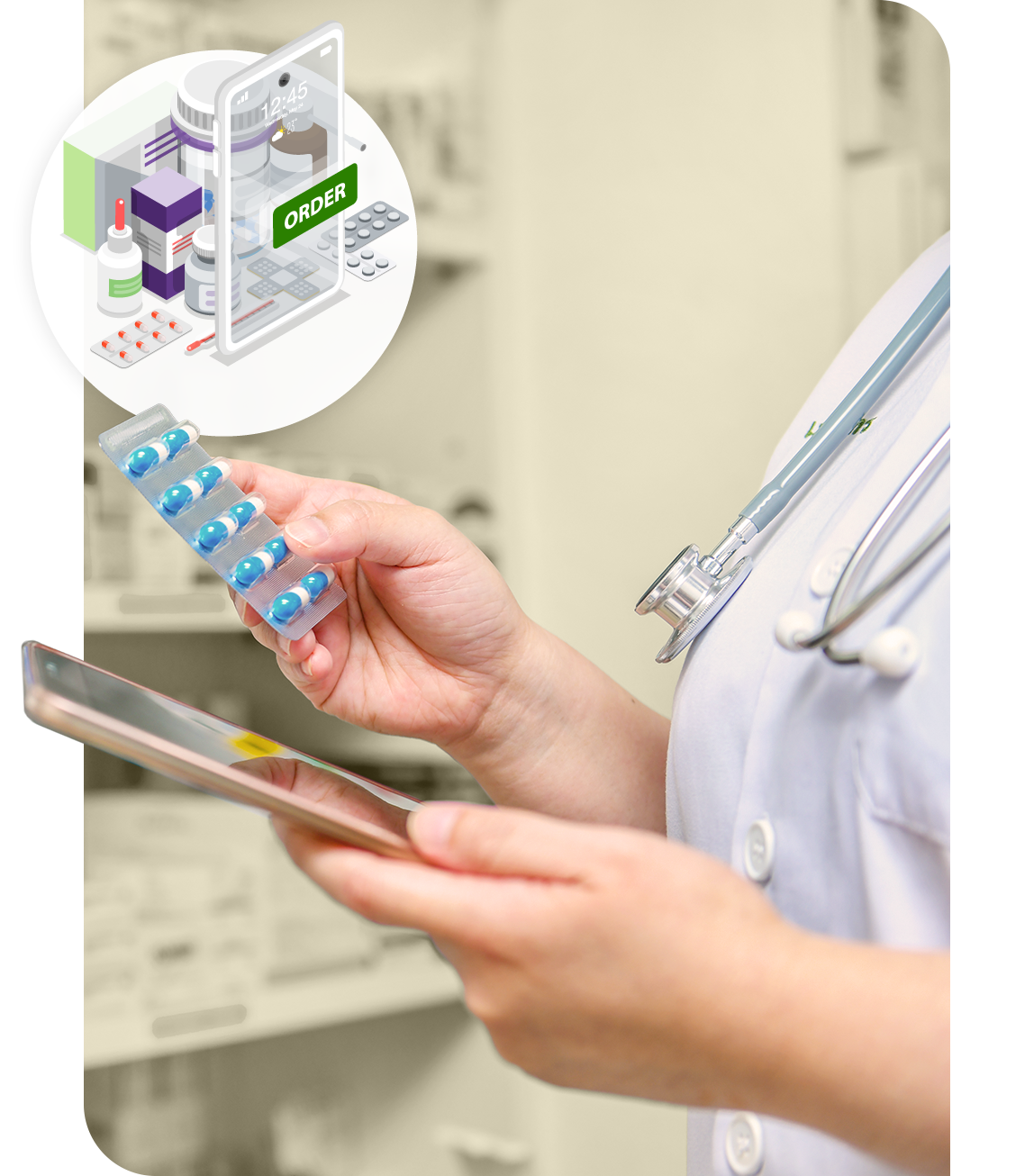 A medical professional holding prescription pills while looking at a tablet.
