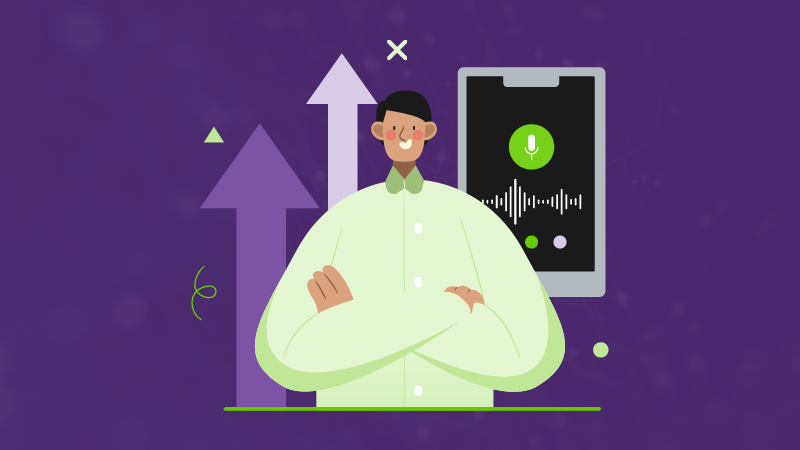 Episode cover image for Questions for now, a TELUS International podcast, featuring an illustrated character standing in front of a phone receiving a voice input.
