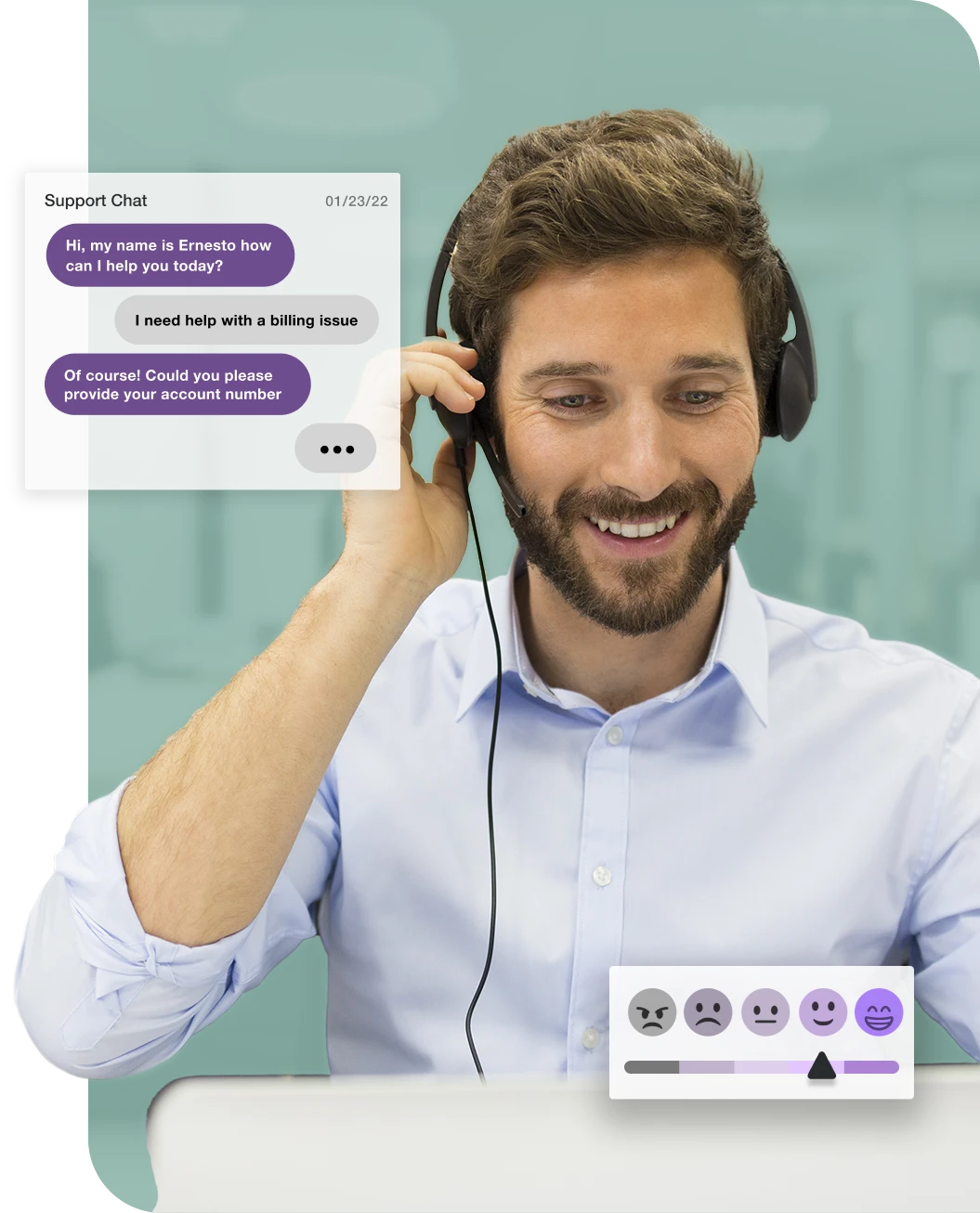 a smiling customer support agent with an overlay of a support chat